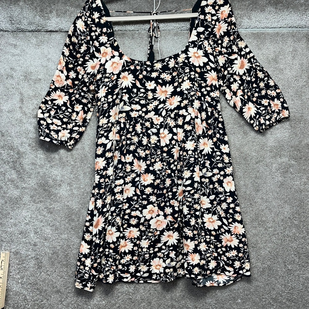 American Eagle Floral Babydoll Mini‎ Dress Black Peach Square Neck Tassel Tie M